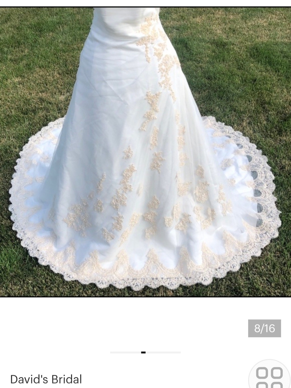 David's Bridal White Lace-Trim Bridal Skirt with Gold Embroidery
